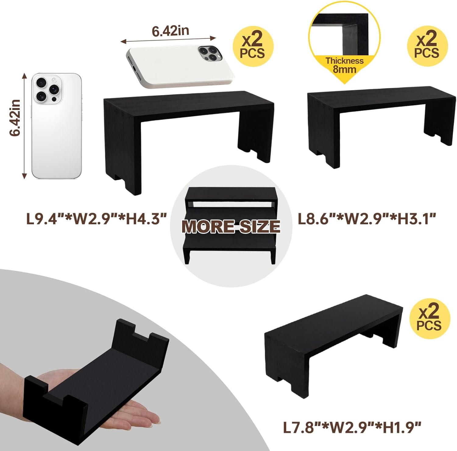 Yikaroeli 3 Tier Wooden Display Stand 6 Piece Black Risers