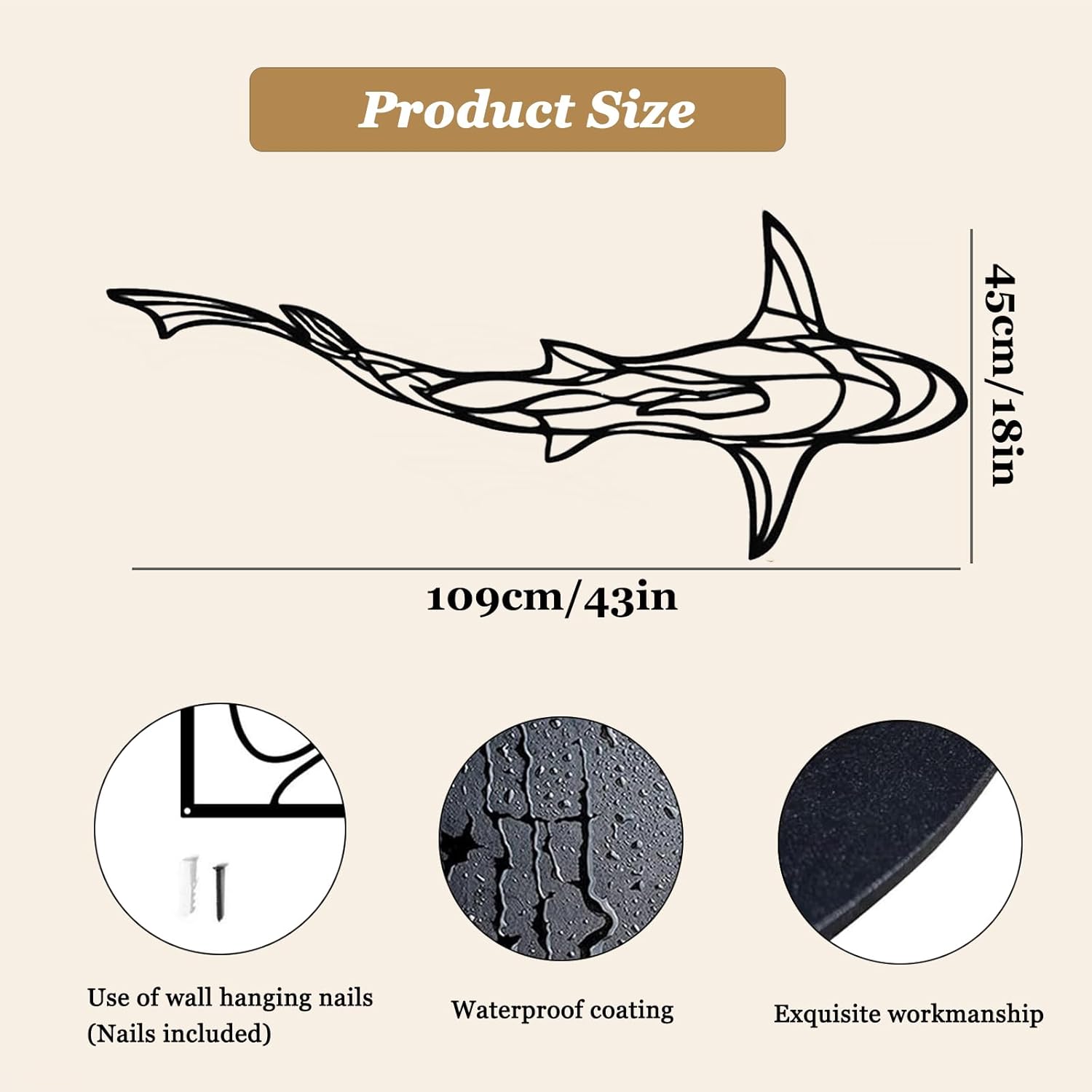 GDSPD 3D Metal Shark Wall Decor 2 Pcs Black