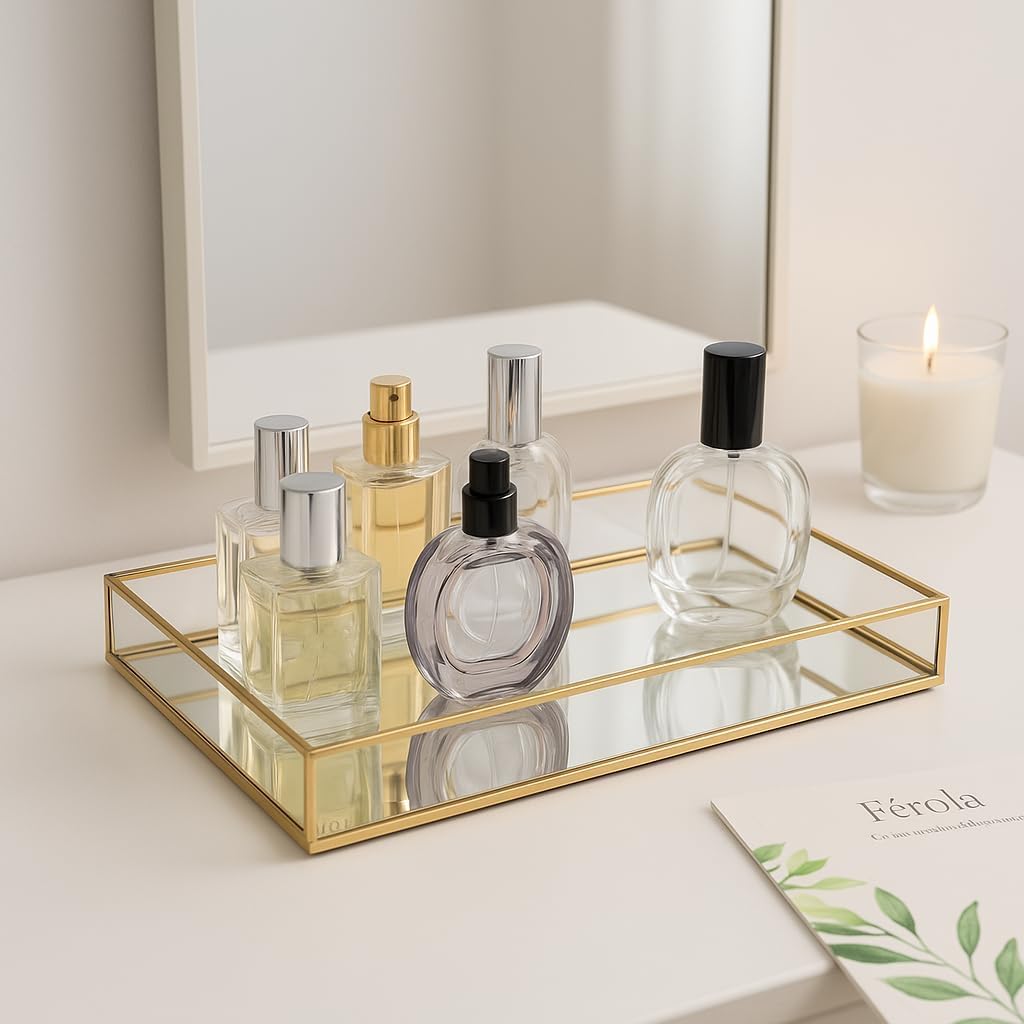 Feyarl Gold Glass Perfume Tray Vanity Decor