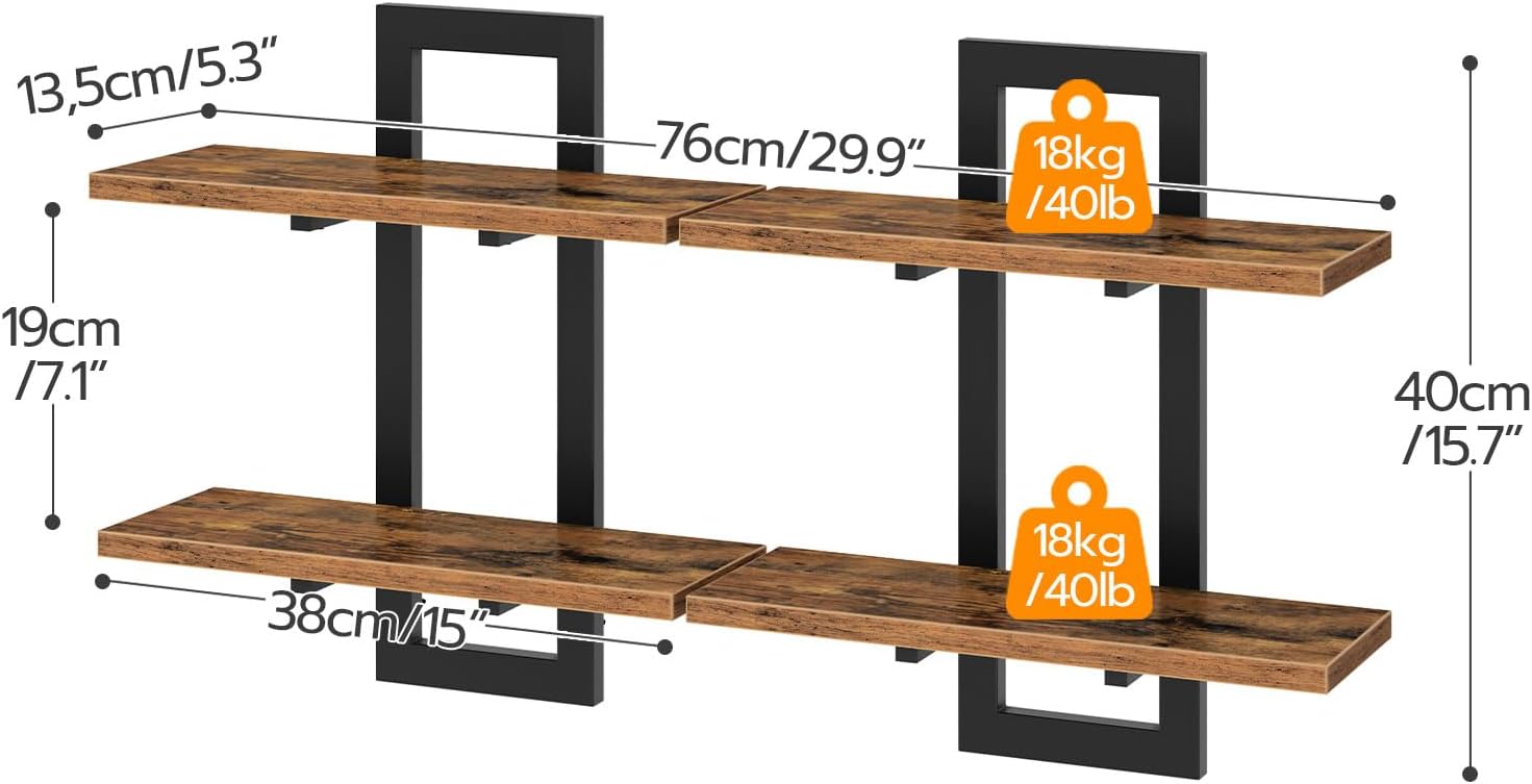 HOOBRO Floating Shelves 2-Tier Set of 2 Rustic Brown and Black