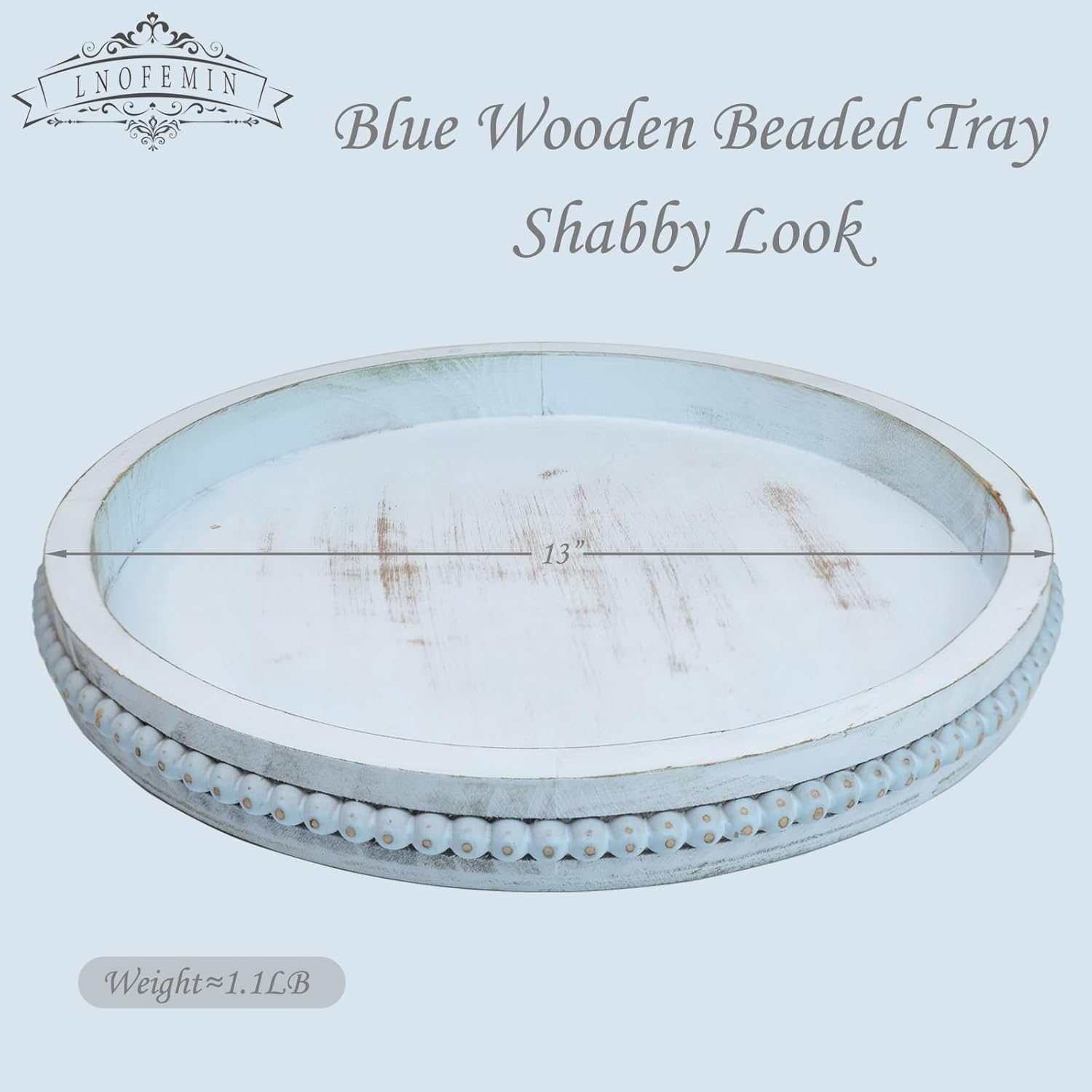 Round Wood Serving Tray with Beads and Blue Wash