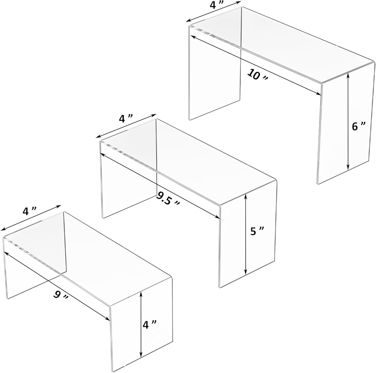 3pcs 9x95x10 Inch Clear Acrylic Display Risers Shelf