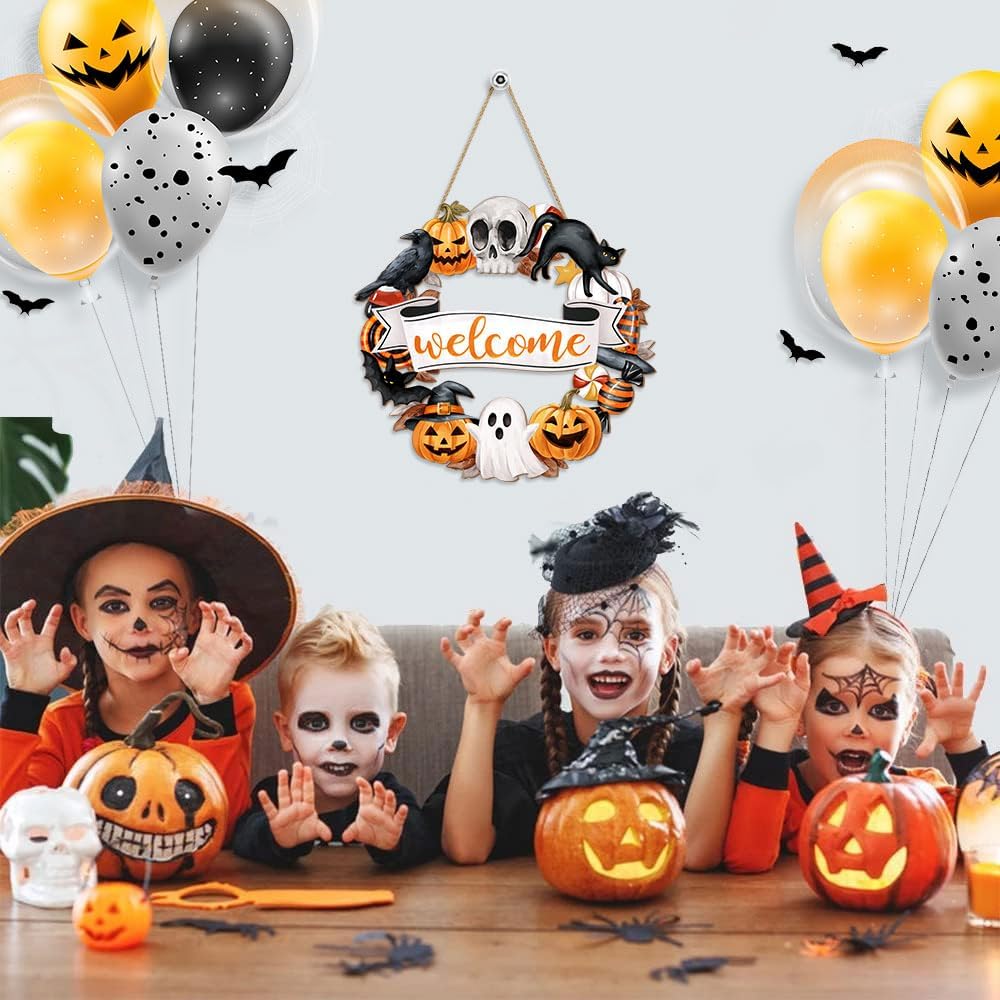 Halloween Wood Wreath with Ghost Black Cat Pumpkin Skull Welcome Sign