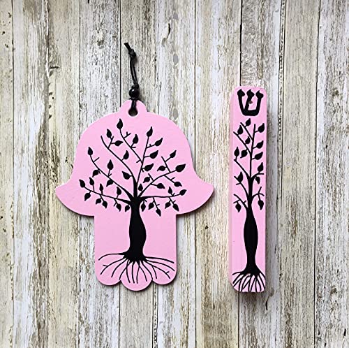 Tree of Life Hamsa Mezuzah Gift Set Light Pink