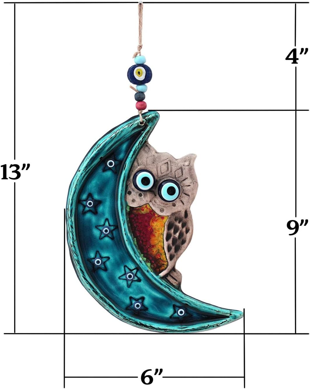 Handmade Ceramic Wall Art Owl Behind the Moon with Evil Eye