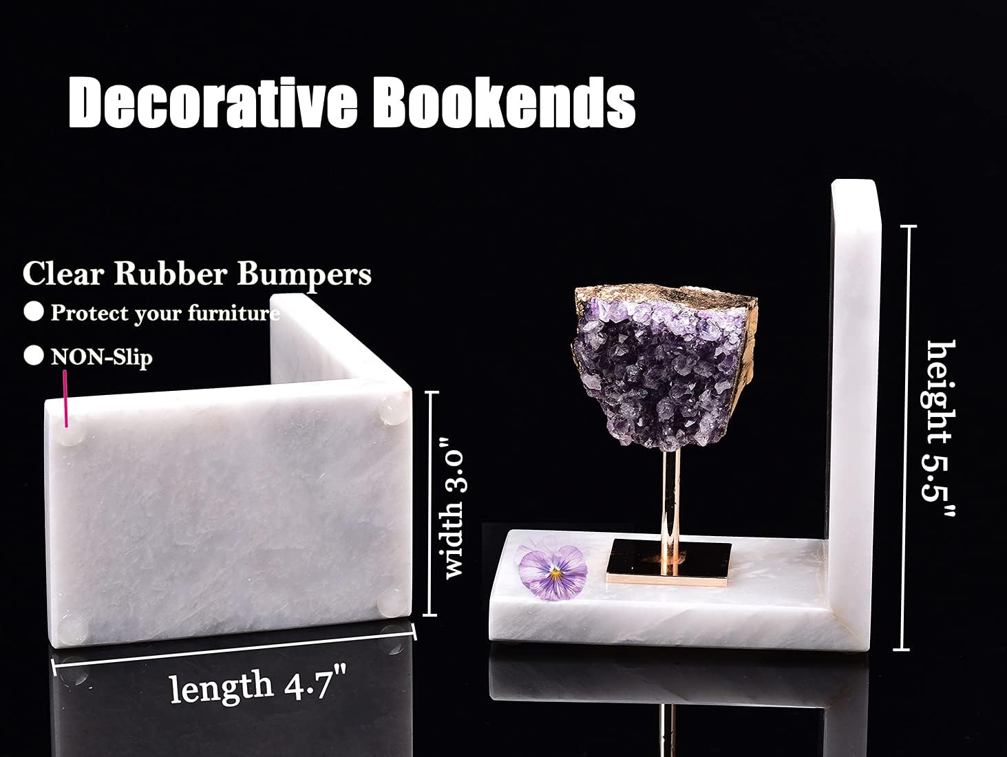 Amethyst Bookends for Heavy Books Decorative Marble Book Ends