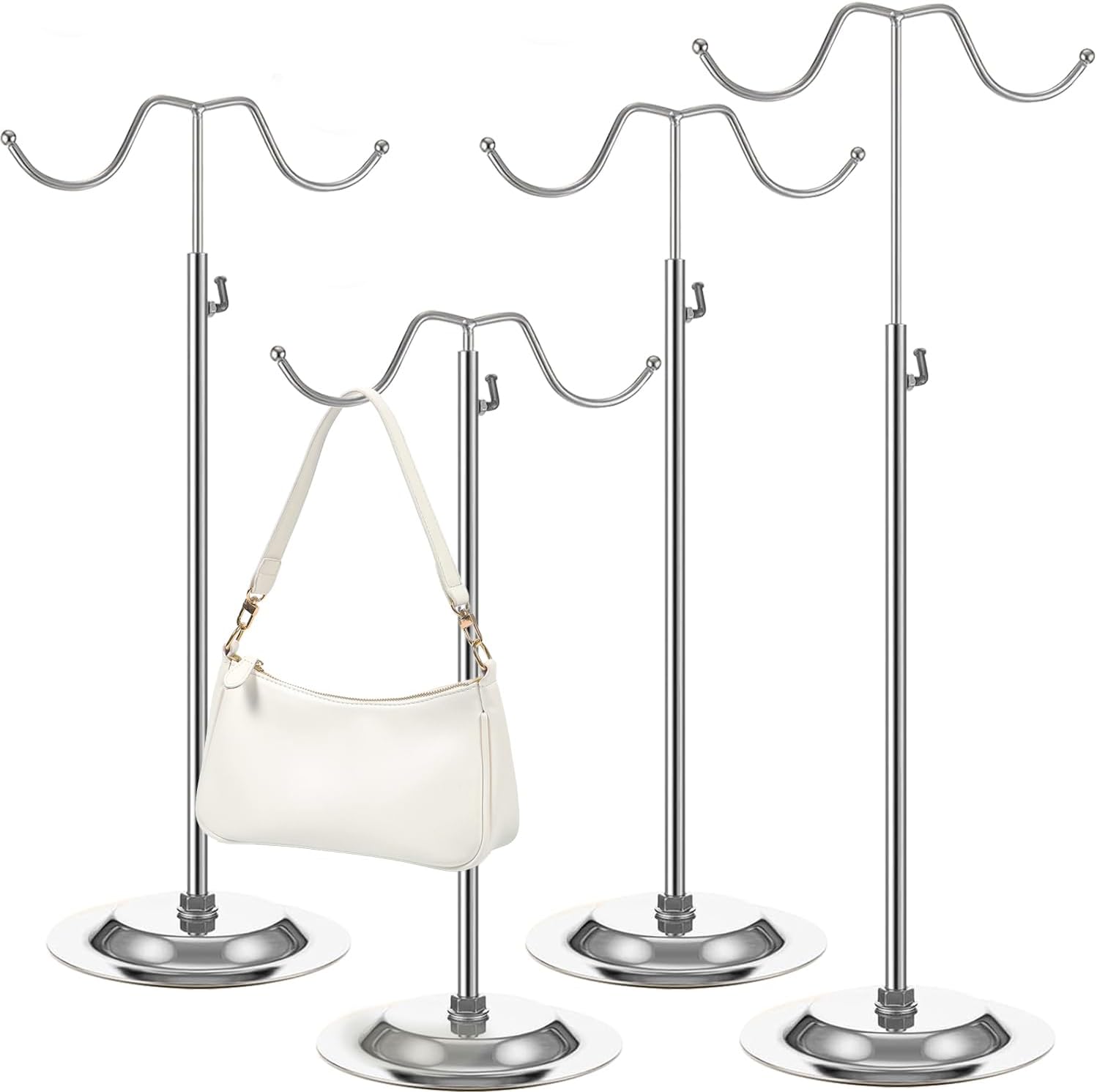 4PCS Adjustable Stainless Steel Handbag Display Stands with Double Hooks Silver
