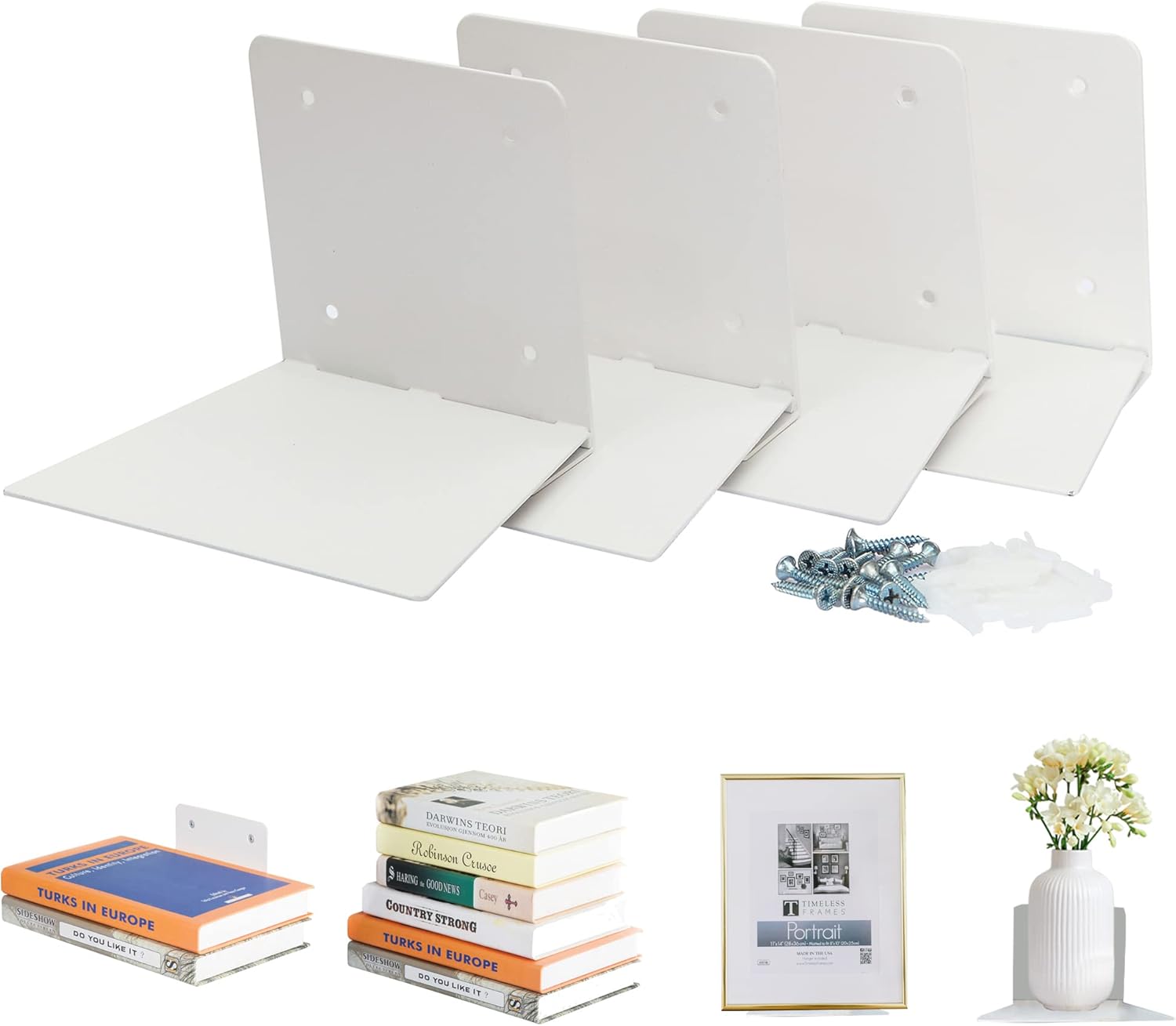 Storage Maniac Floating Book Shelves 4-Pack White Large