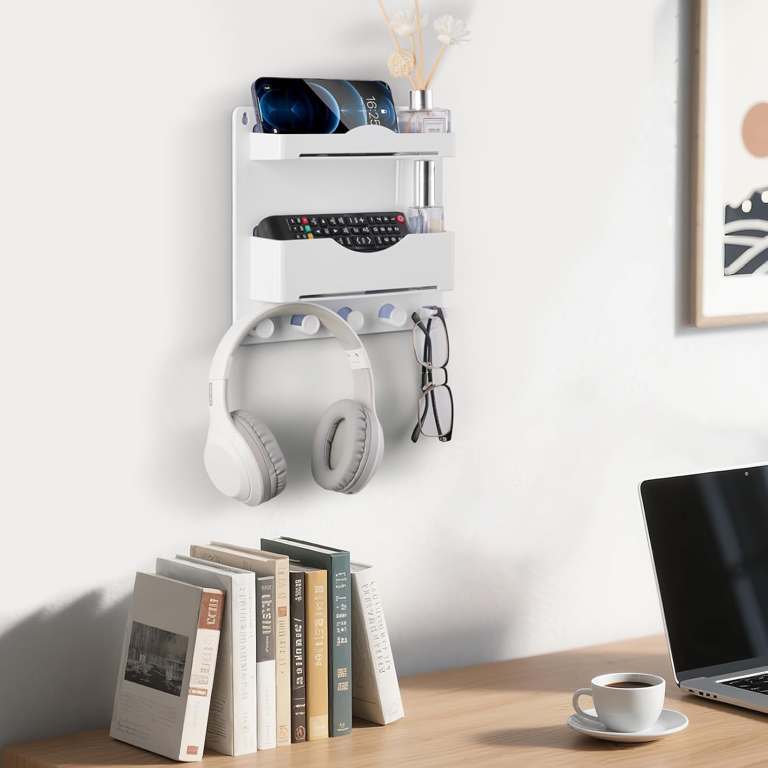 Jumeihui Bedside Wall Shelf with Glasses Hooks and Phone Slots
