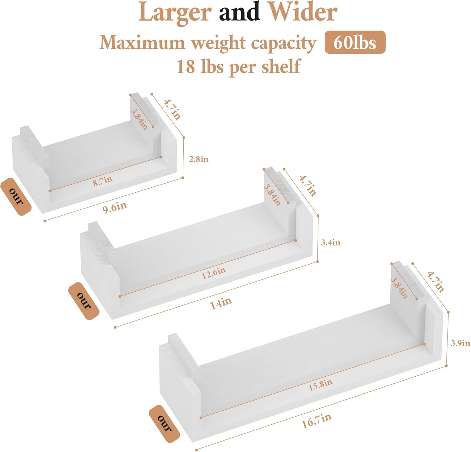 SRIWATANA White Floating Wall Shelves Solid Wood