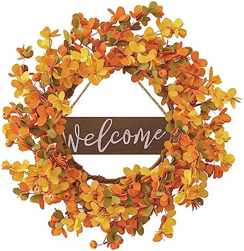 VioletEverGarden 20 Inch Fall Wreath with Welcome Sign and Pumpkins