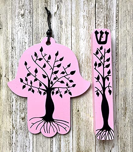 Tree of Life Hamsa Mezuzah Gift Set Light Pink