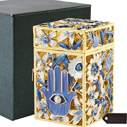 Matashi Hand Painted Enamel Tzedakah Box with Crystals and Gold Accents