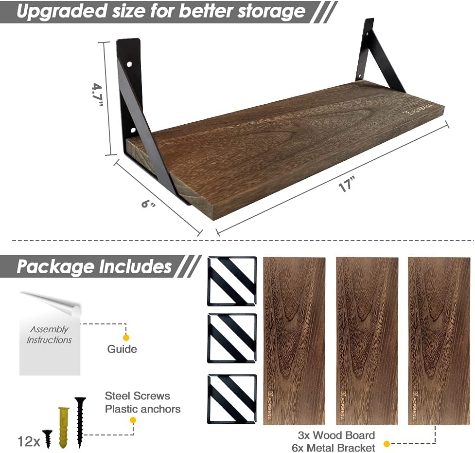 Rustic Floating Shelves Set of 3 17 Inch Natural Wood Wall Shelves