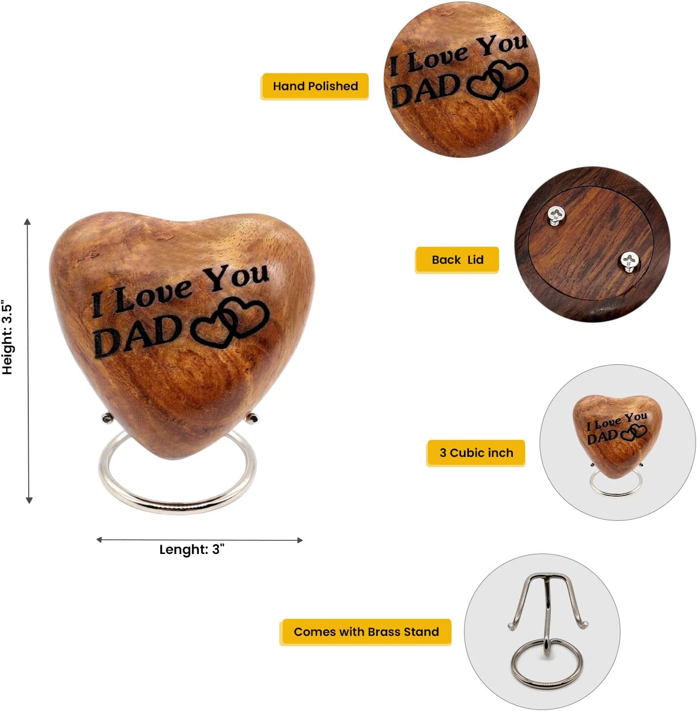 Wooden Heart Keepsake Urn for Dad - Mini Cremation Urn with Engraved Stand
