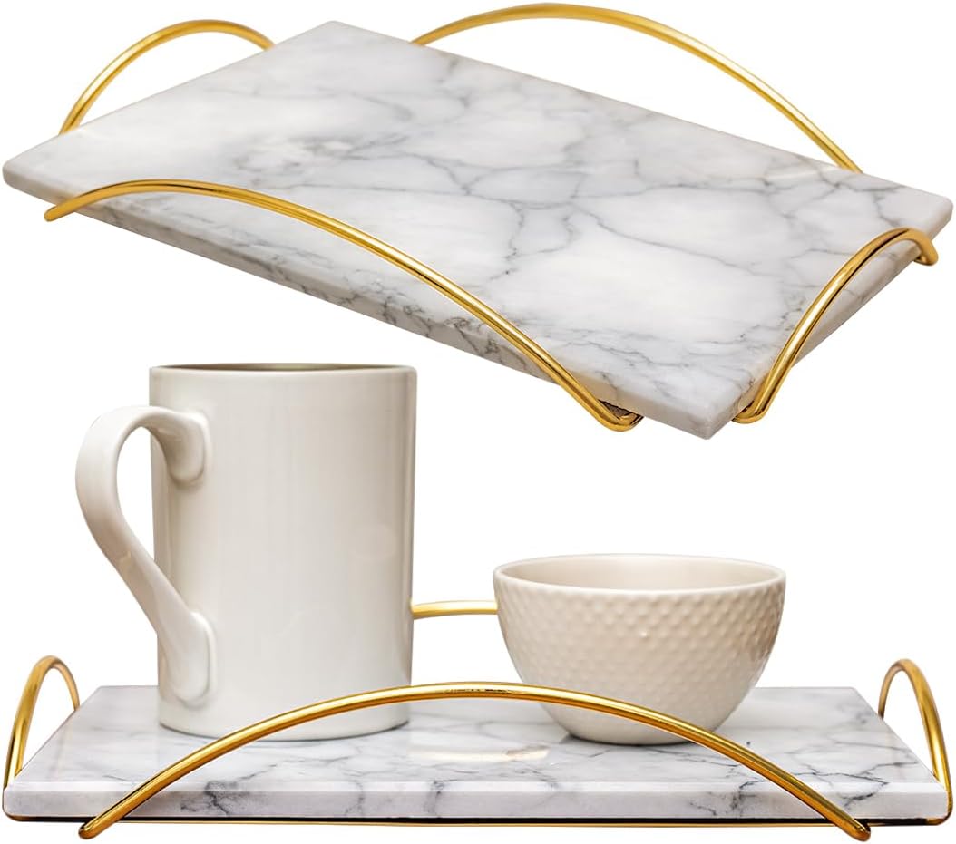 Stylish Marble Serving Tray with Gold Handles