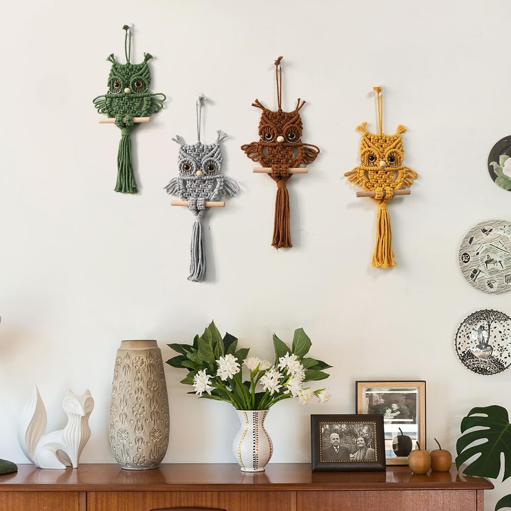 Handwoven Macrame Owl Wall Hanging in Green