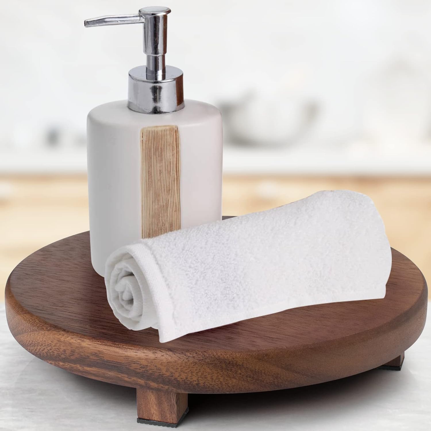 Walnut Wood Pedestal Stand for Kitchen Counter and Decor
