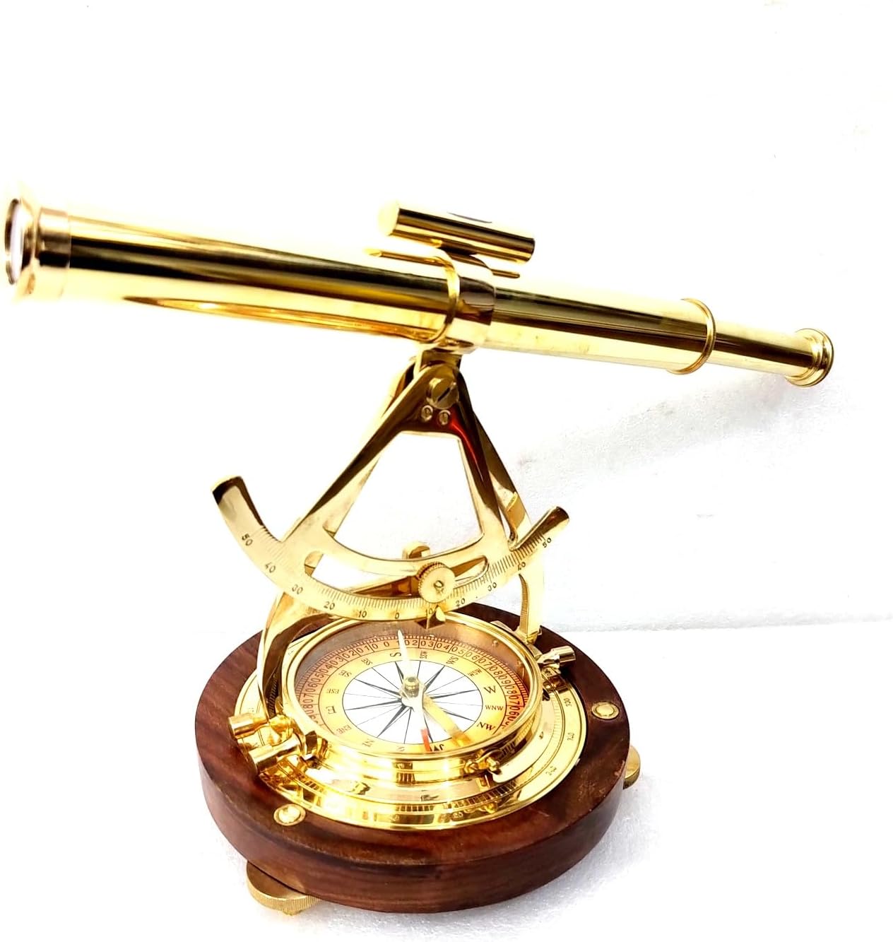Brass Alidade Telescope with Wooden Base and Navigation Compass
