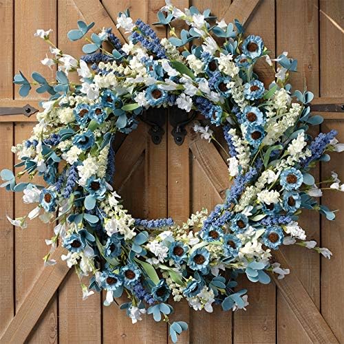 Bibelot 20 Inch Blue Daisy Spring Wreath with Green Leaves