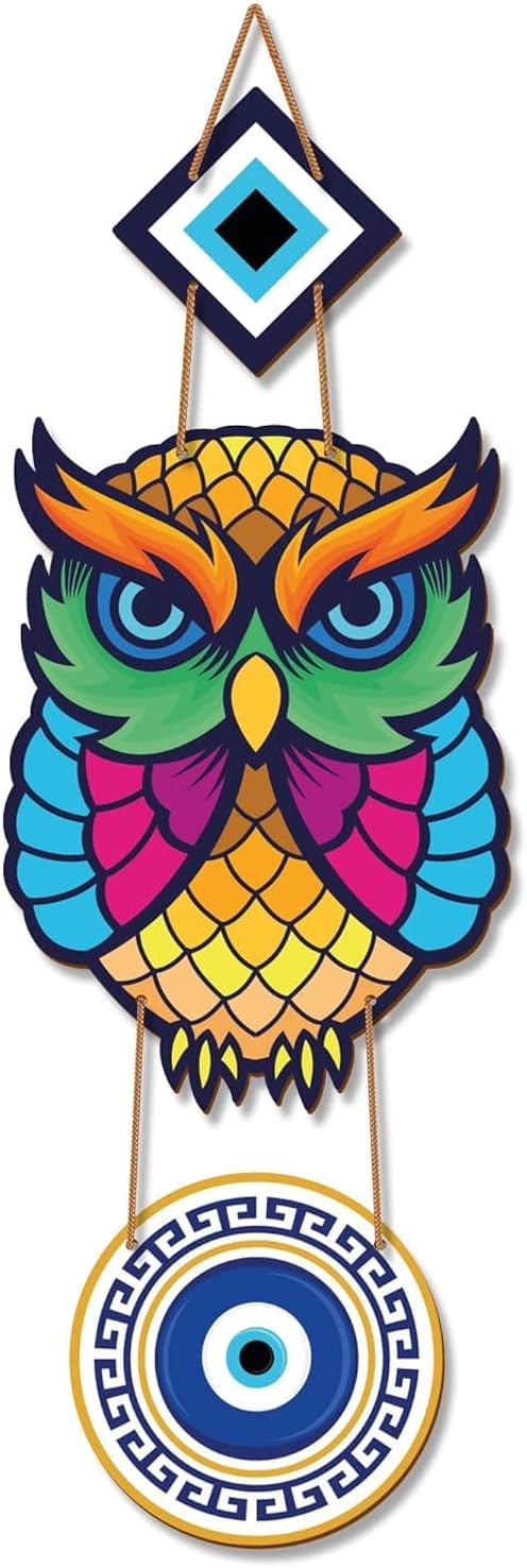 Wooden Owl Wall Hanging with Evil Eye Design