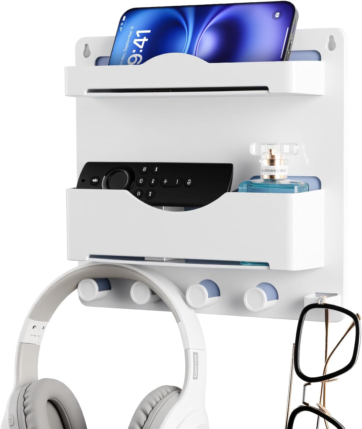 Jumeihui Bedside Wall Shelf with Glasses Hooks and Phone Slots