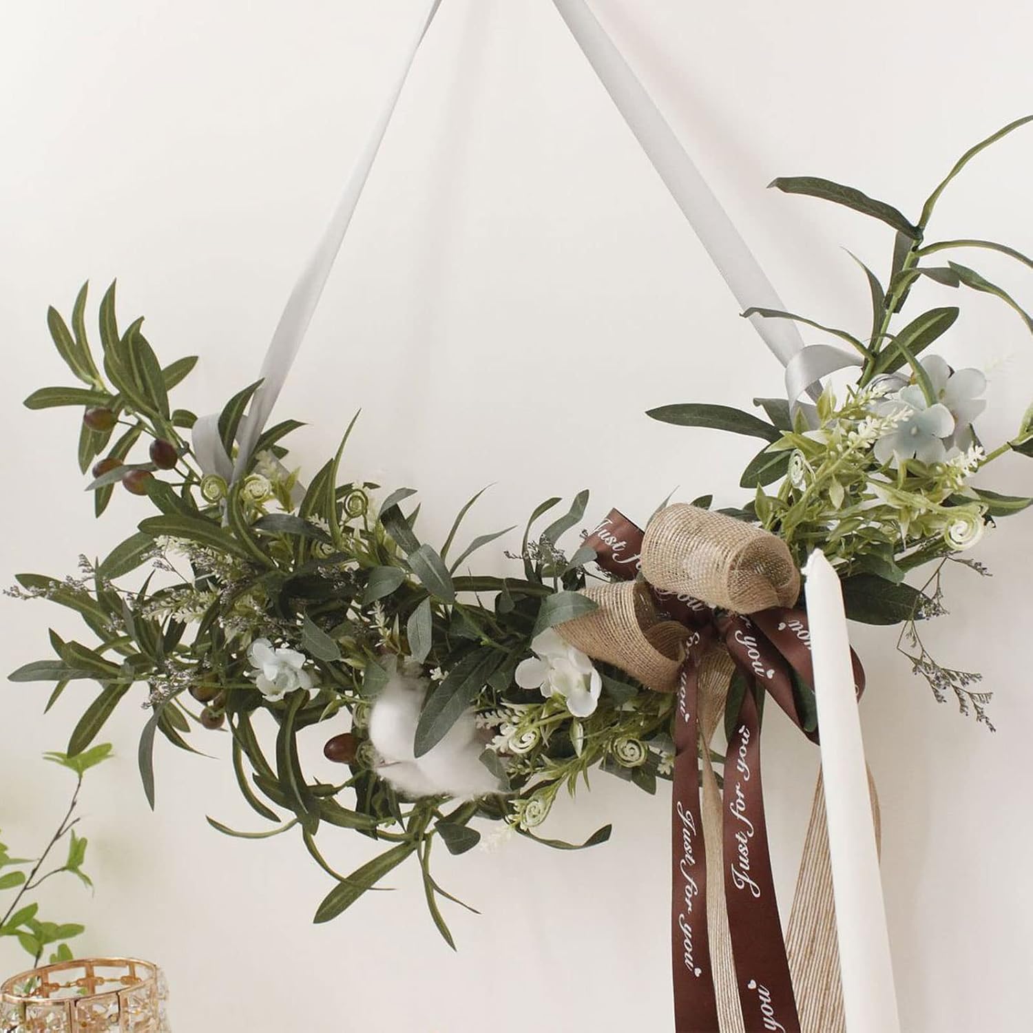Artificial Olive Swag with Cotton and Ribbon Bow