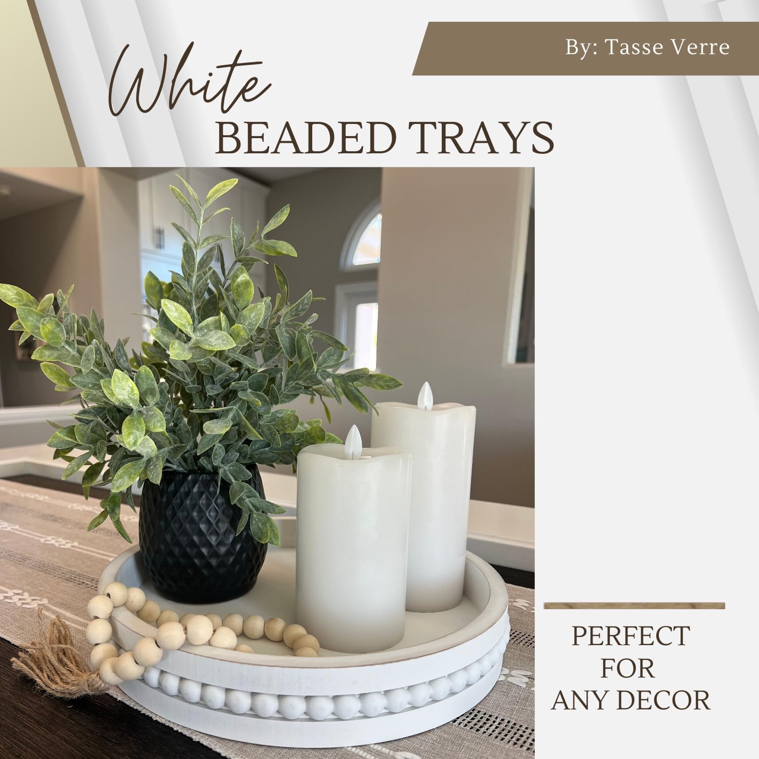 Tasse Verre White Beaded Decorative Tray Set 2-Pack