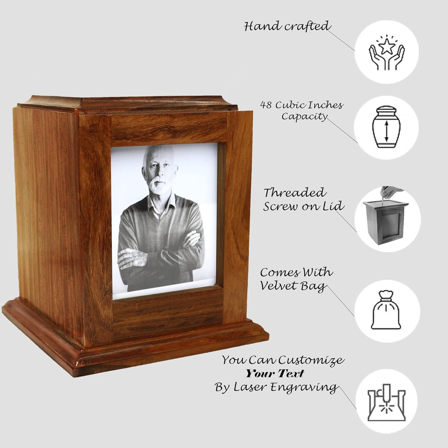 Elegant Handcrafted Rosewood Cremation Urn with Photo Frame