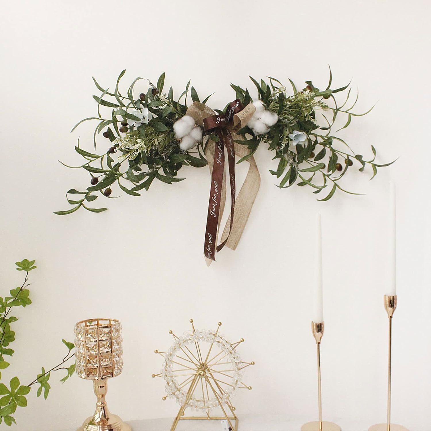 Artificial Olive Swag with Cotton and Ribbon Bow