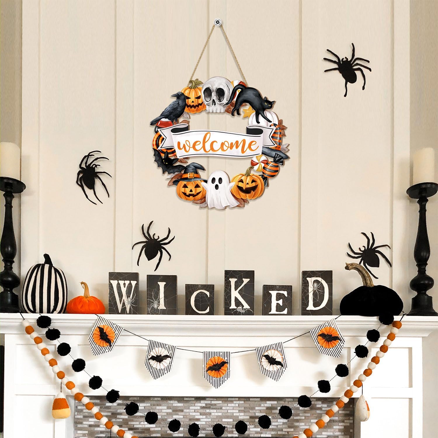Halloween Wood Wreath with Ghost Black Cat Pumpkin Skull Welcome Sign