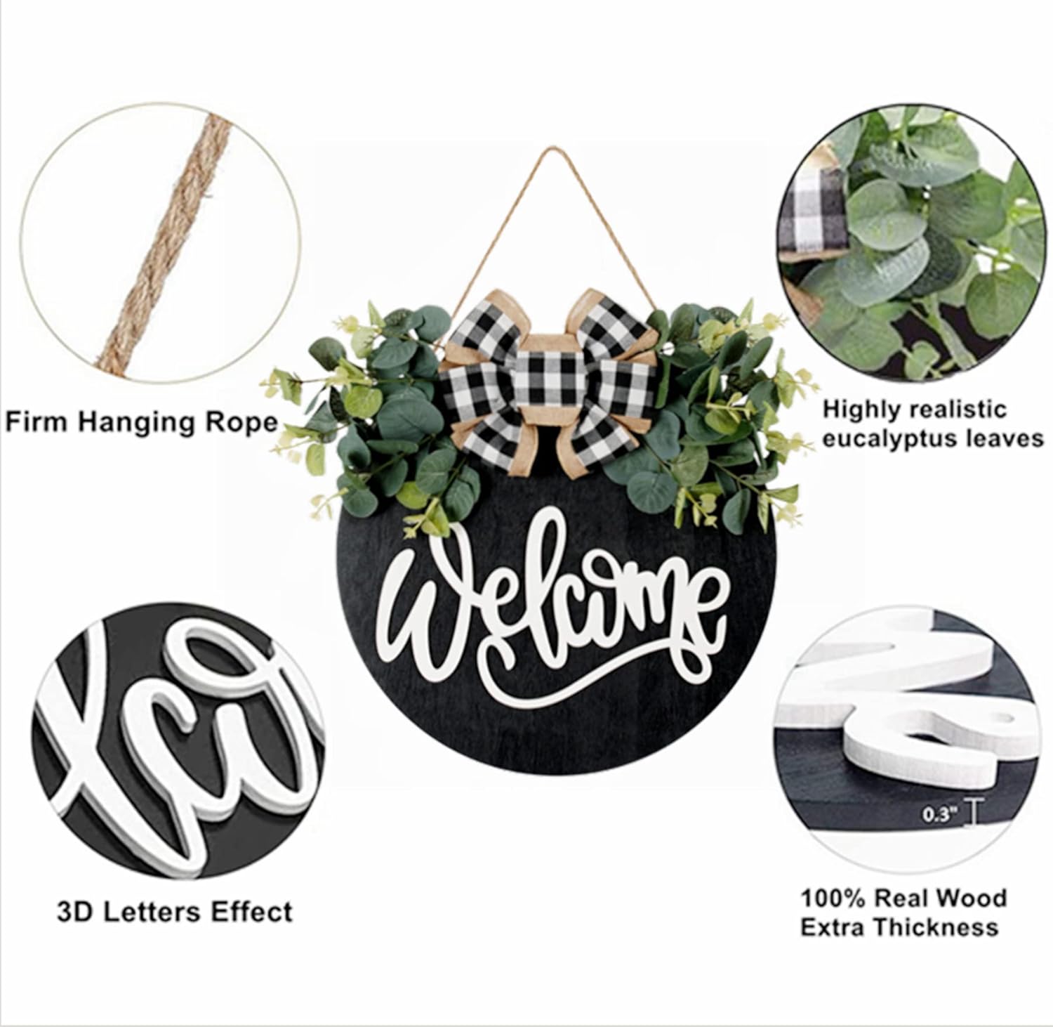 YiLOUR Welcome Sign Front Door Wreath Wall Decor Black