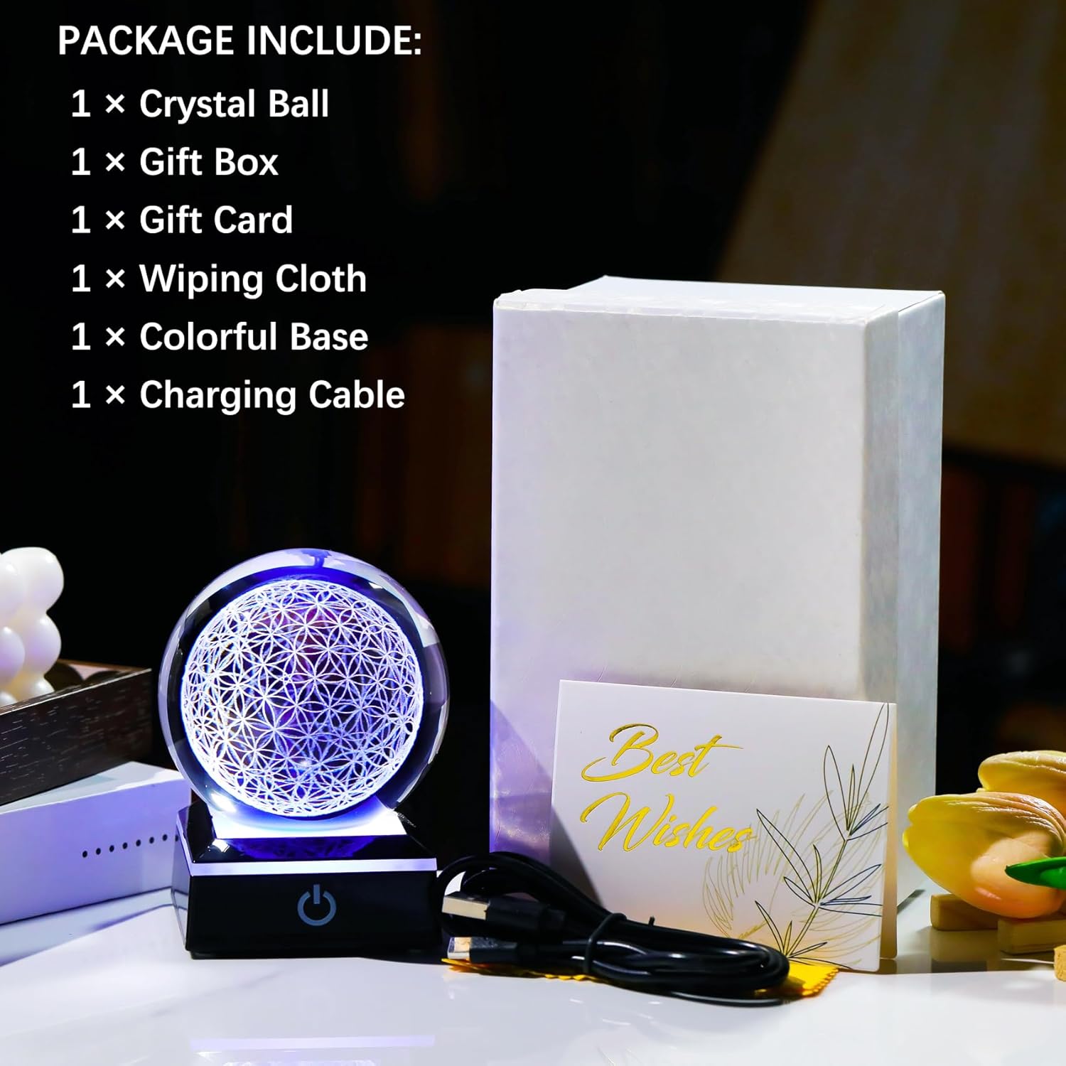 3D Flower of Life Crystal Ball with LED Base