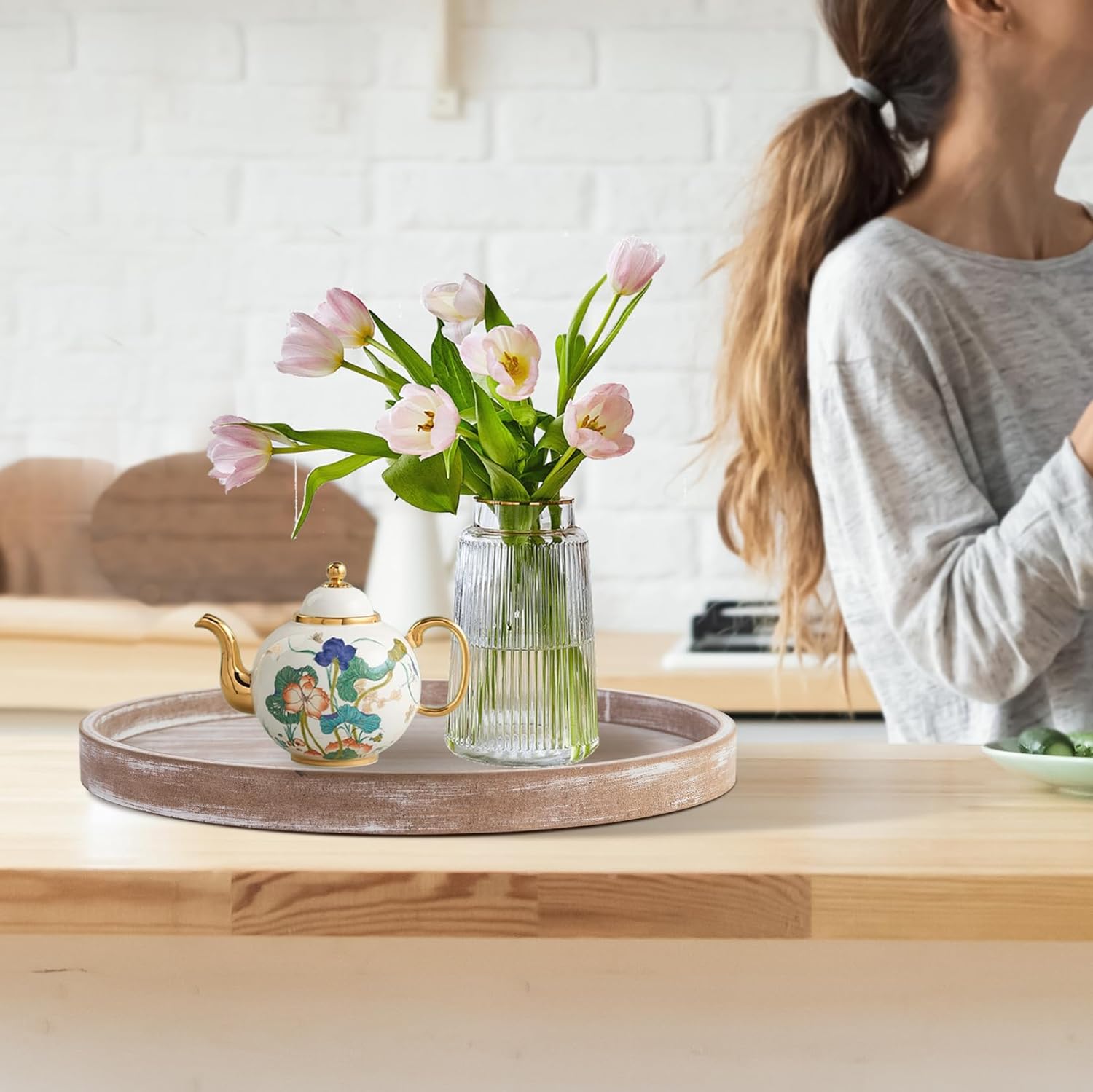Rustic Round Wooden Coffee Table Tray with Farmhouse Design