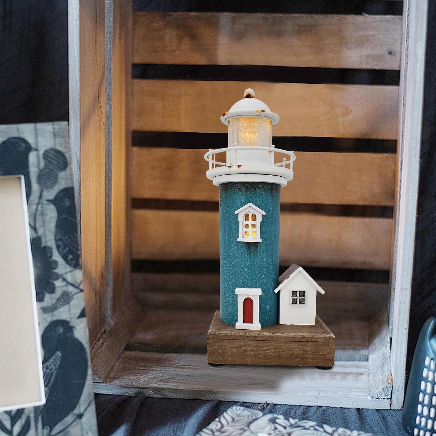 K KILIPES Wood Lighthouse Nautical Decor LED Nightlight Centerpiece
