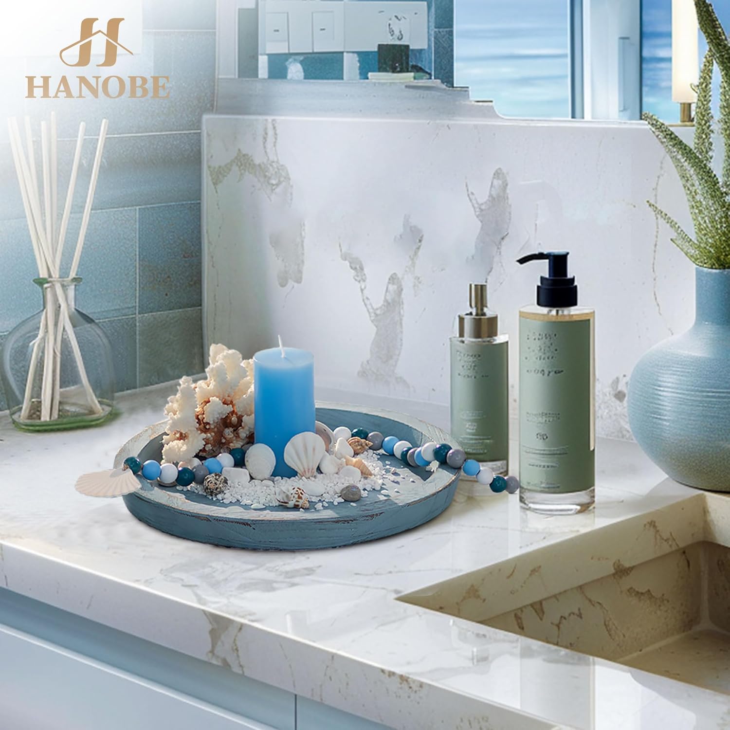 Hanobe Rustic Blue Decorative Tray for Coastal Decorations