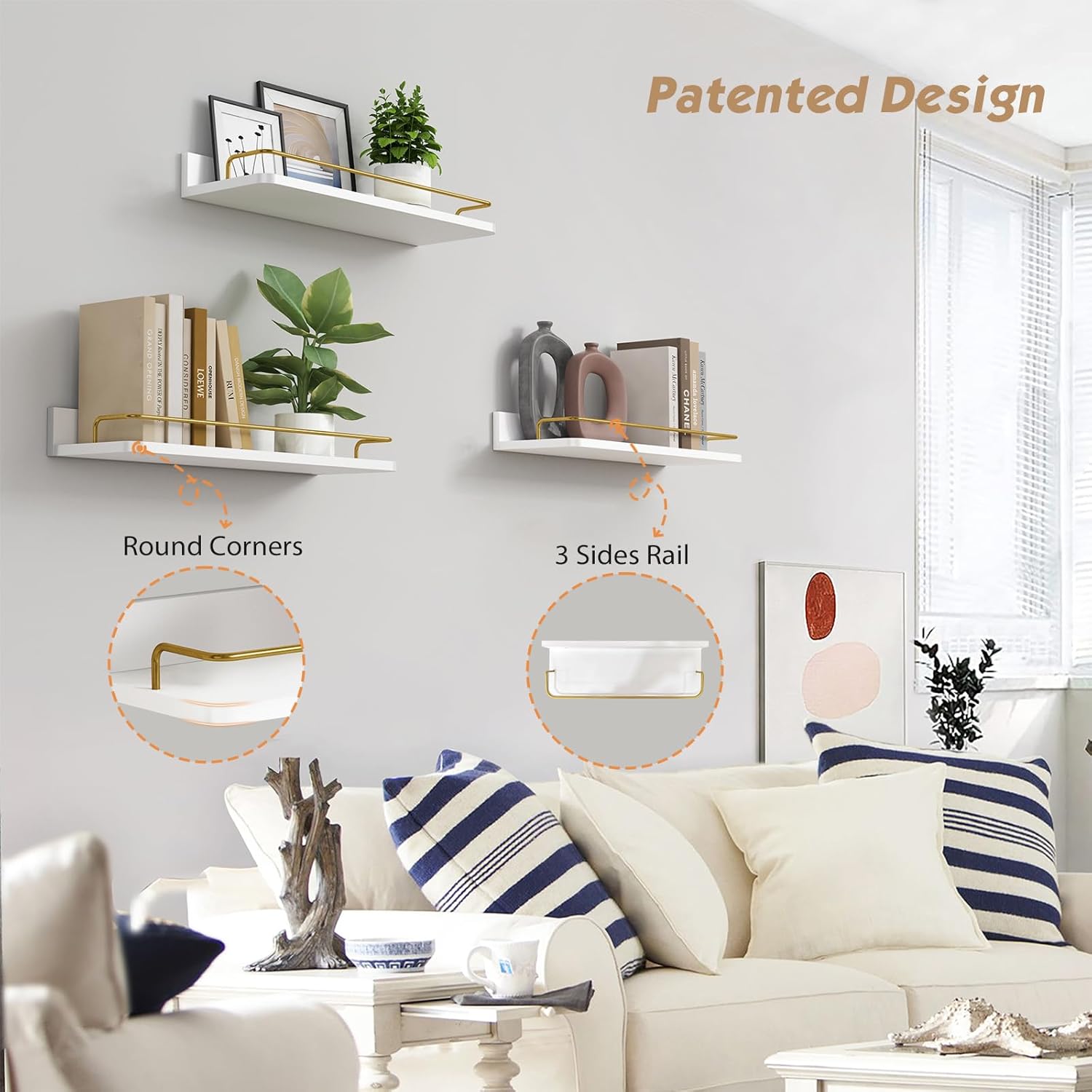 Forbena Gold Floating Shelves Set of 3 Wall Decor