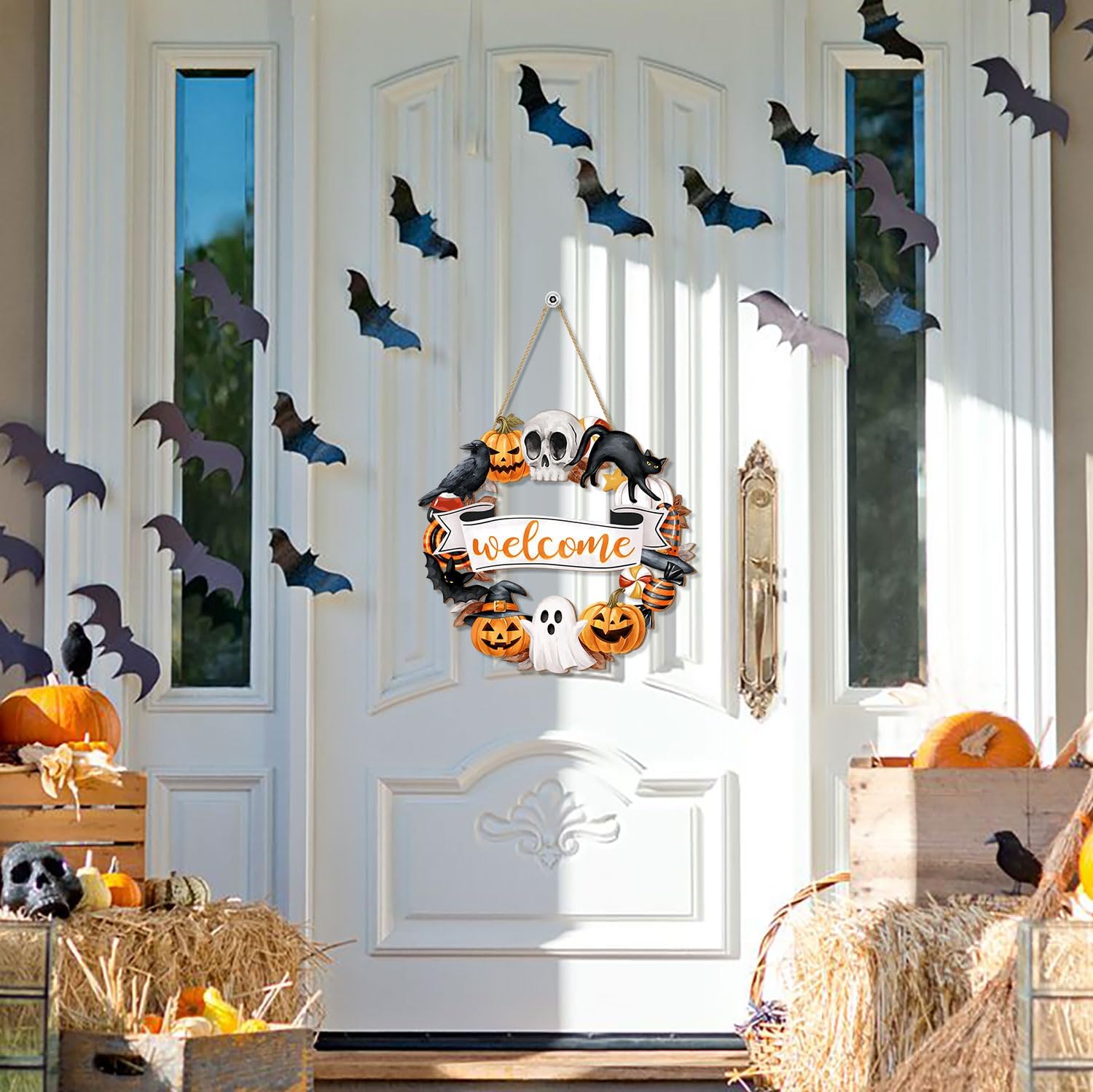 Halloween Wood Wreath with Ghost Black Cat Pumpkin Skull Welcome Sign