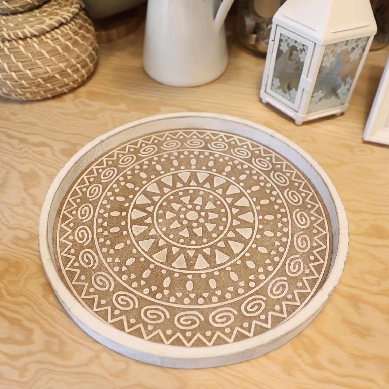 Boho Round Wooden Decorative Tray with Beaded Detail