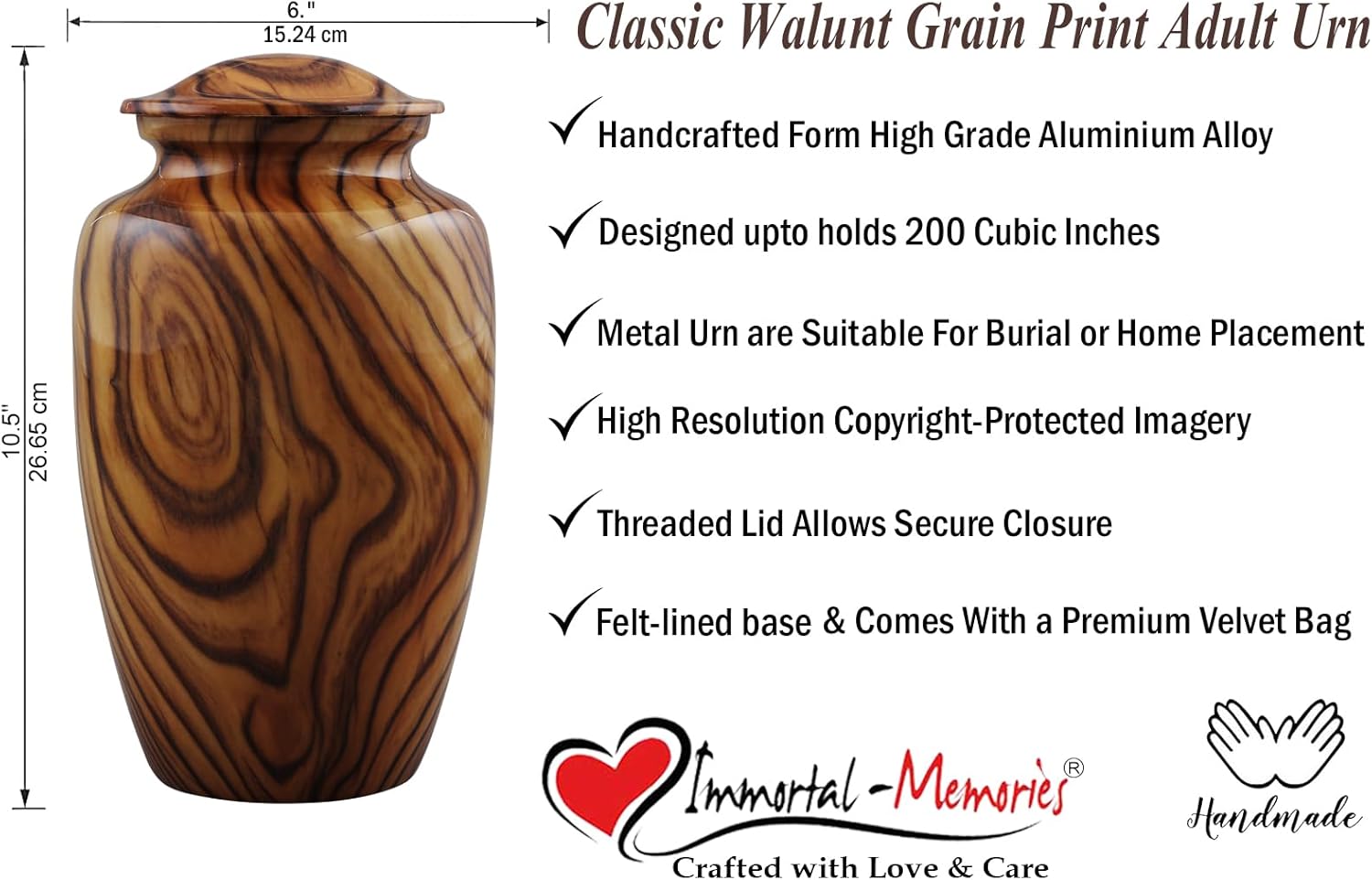 Walnut Grain Print Metal Urn with Velvet Bag