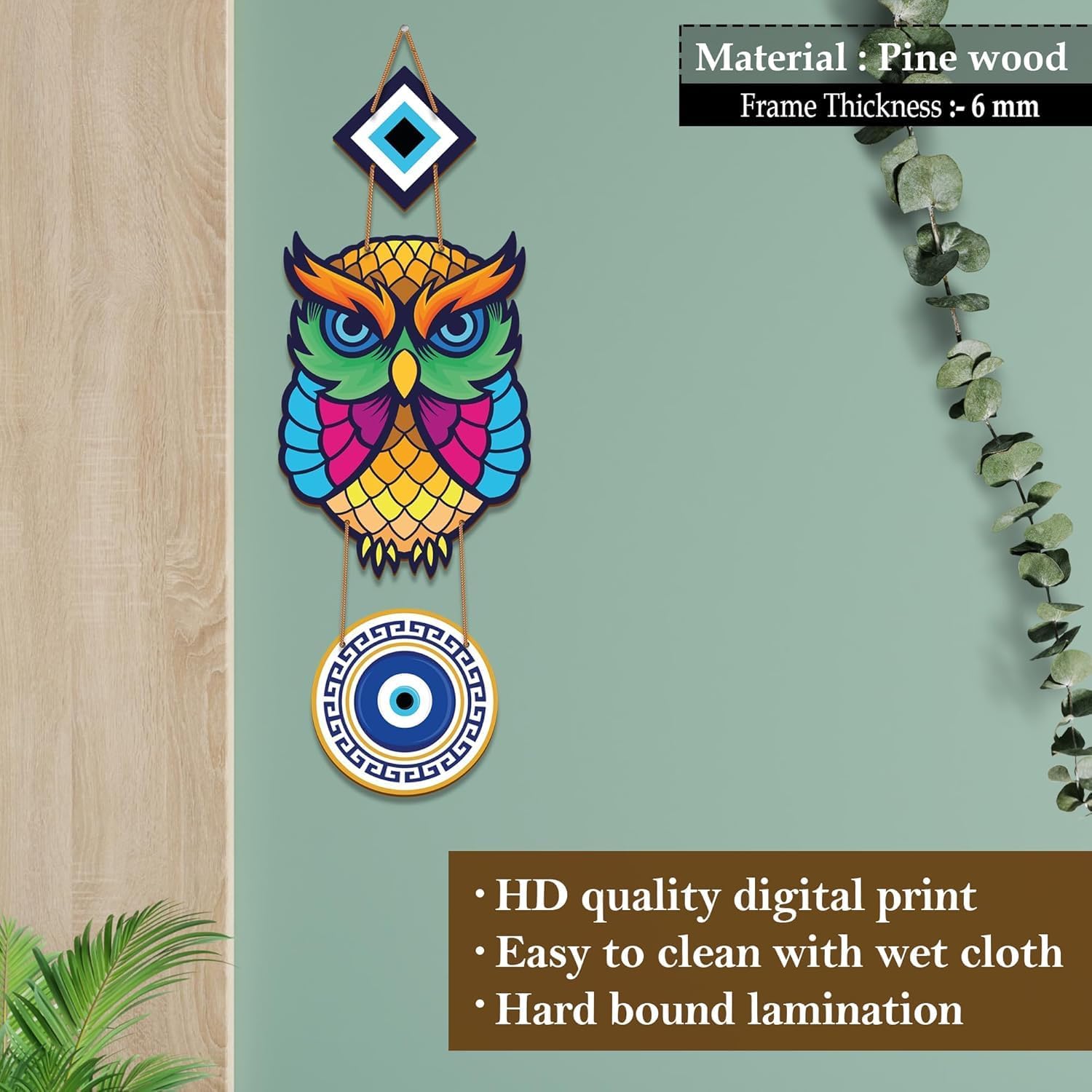 Wooden Owl Wall Hanging with Evil Eye Design