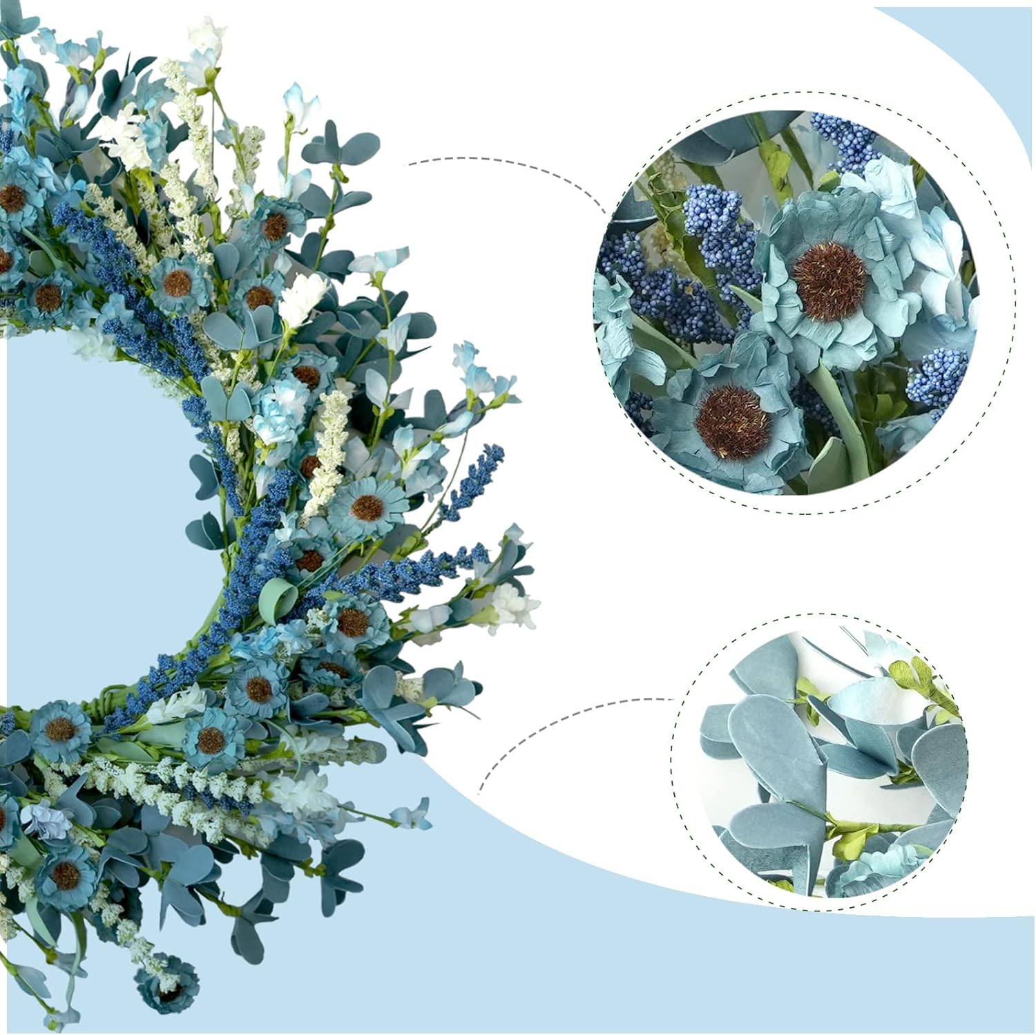Bibelot 20 Inch Blue Daisy Spring Wreath with Green Leaves