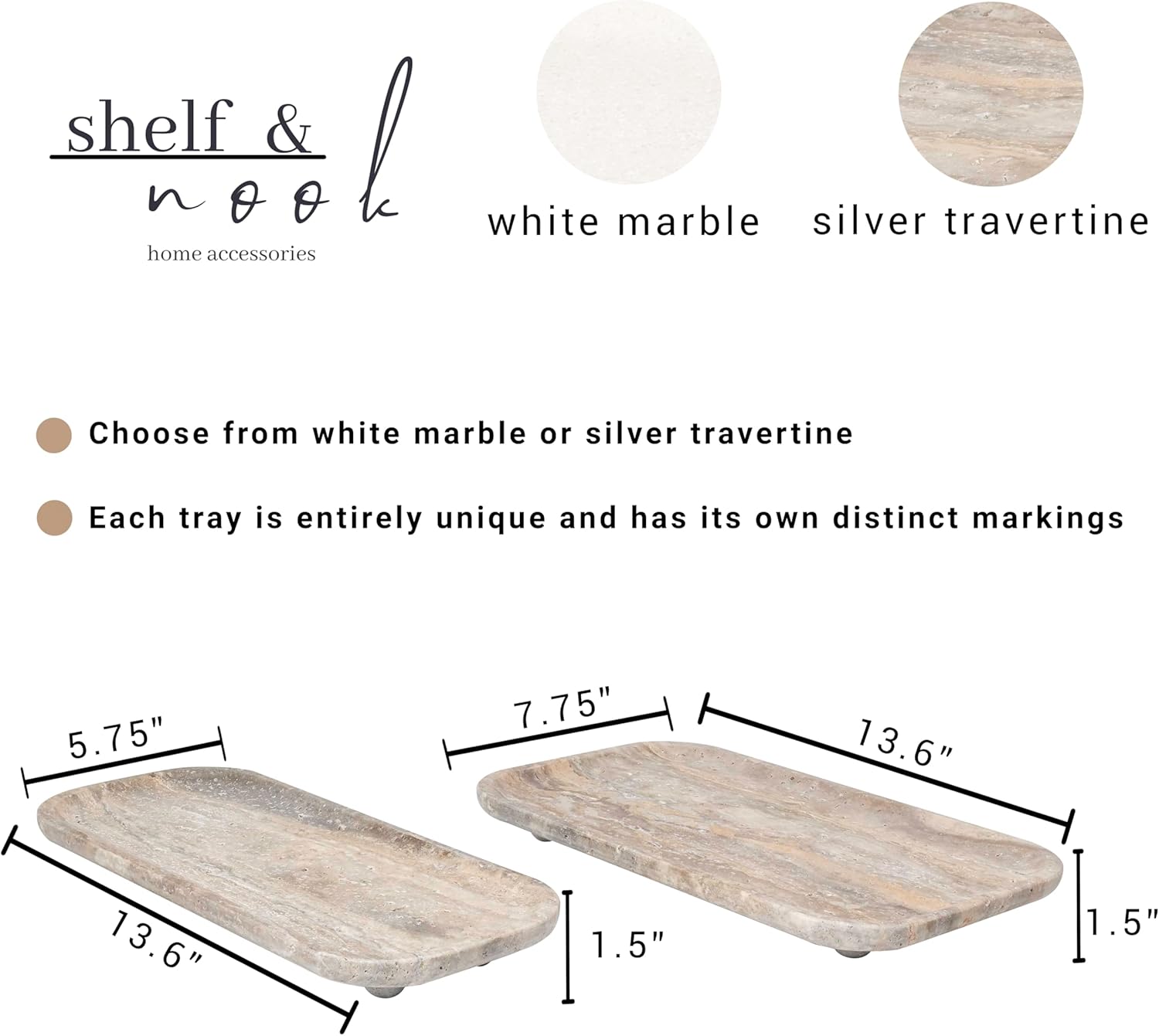 Travertine Marble Footed Tray White or Silver Two Sizes
