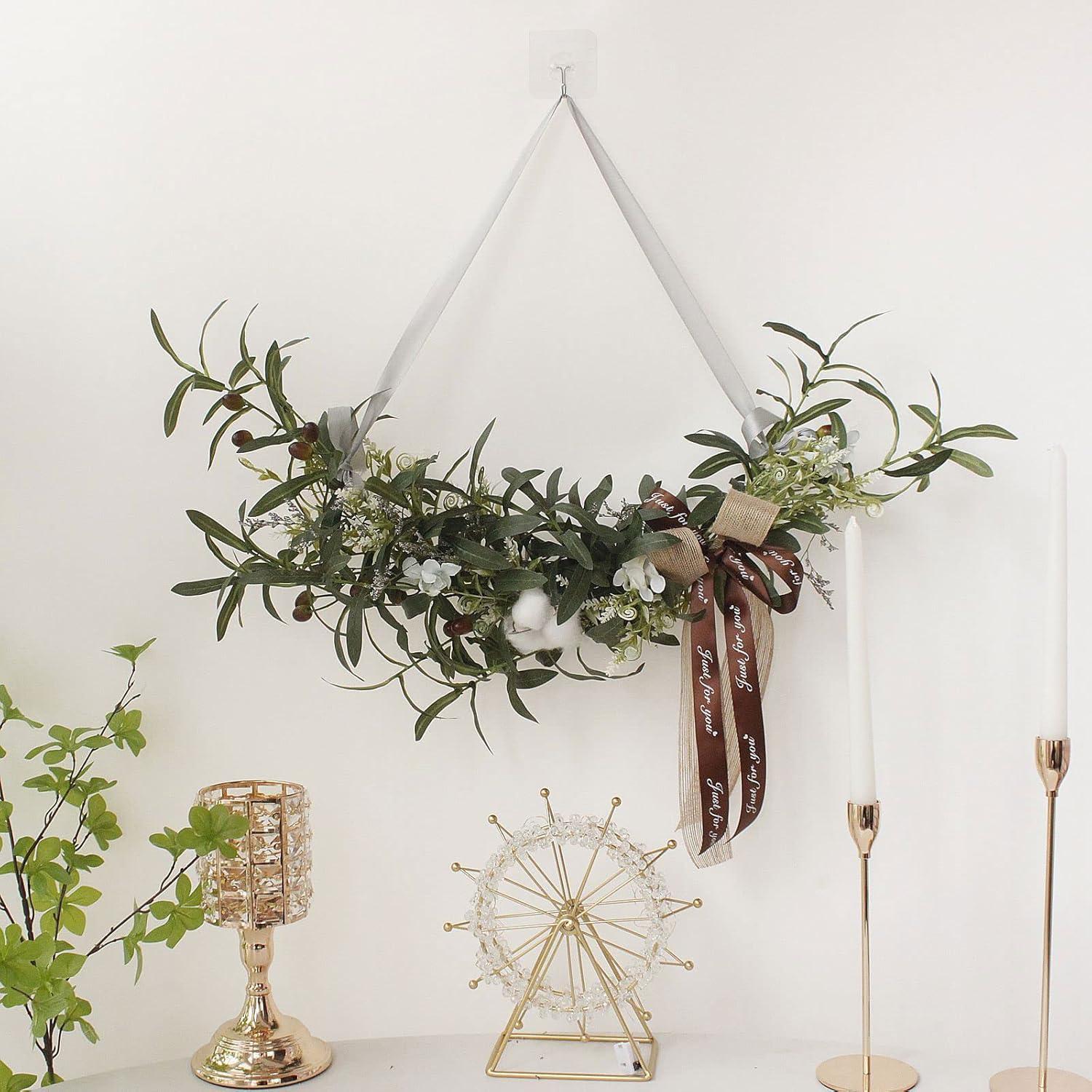 Artificial Olive Swag with Cotton and Ribbon Bow