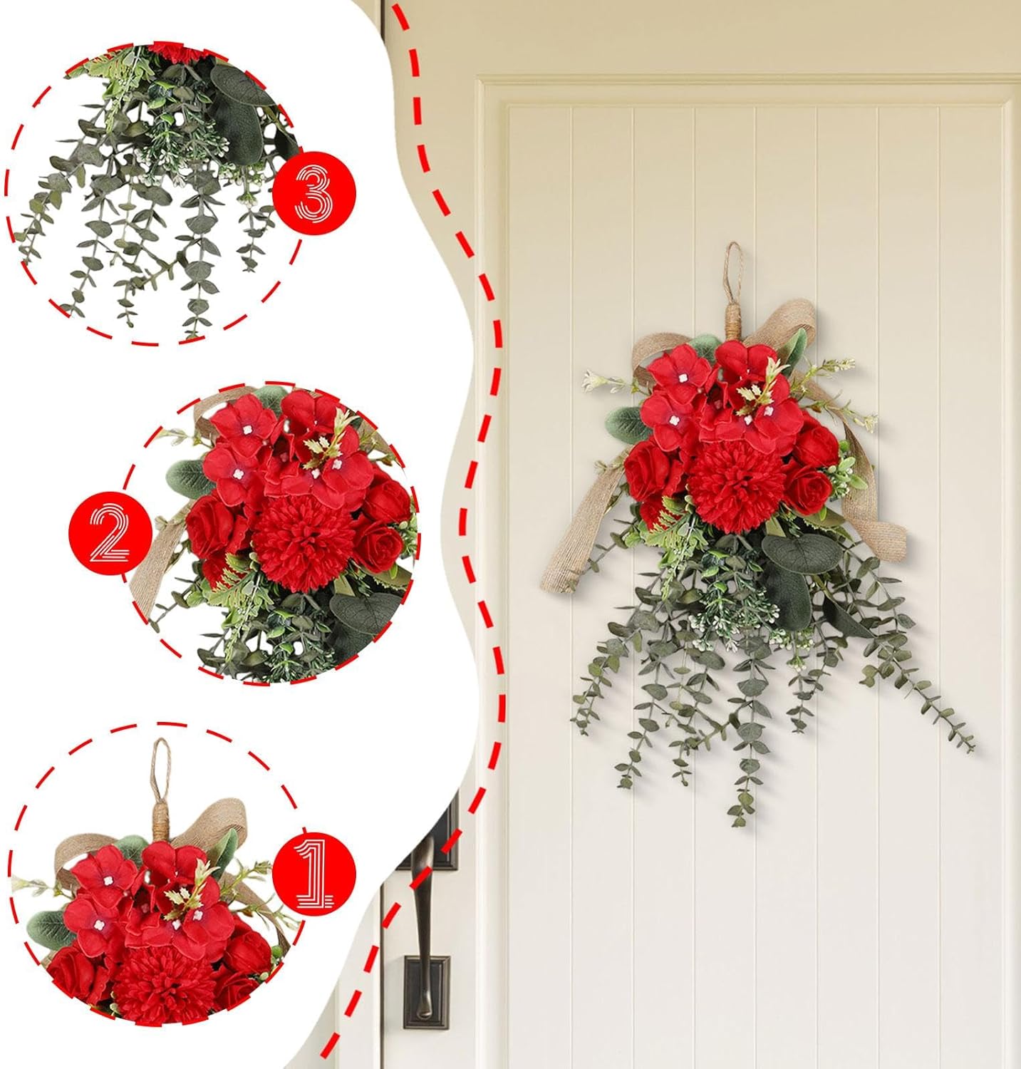 Red Artificial Floral Teardrop Swag Wreath