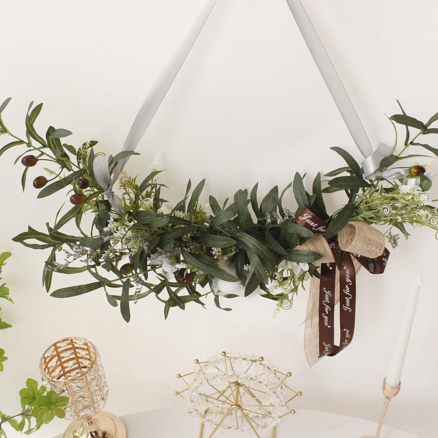 Artificial Olive Swag with Cotton and Ribbon Bow