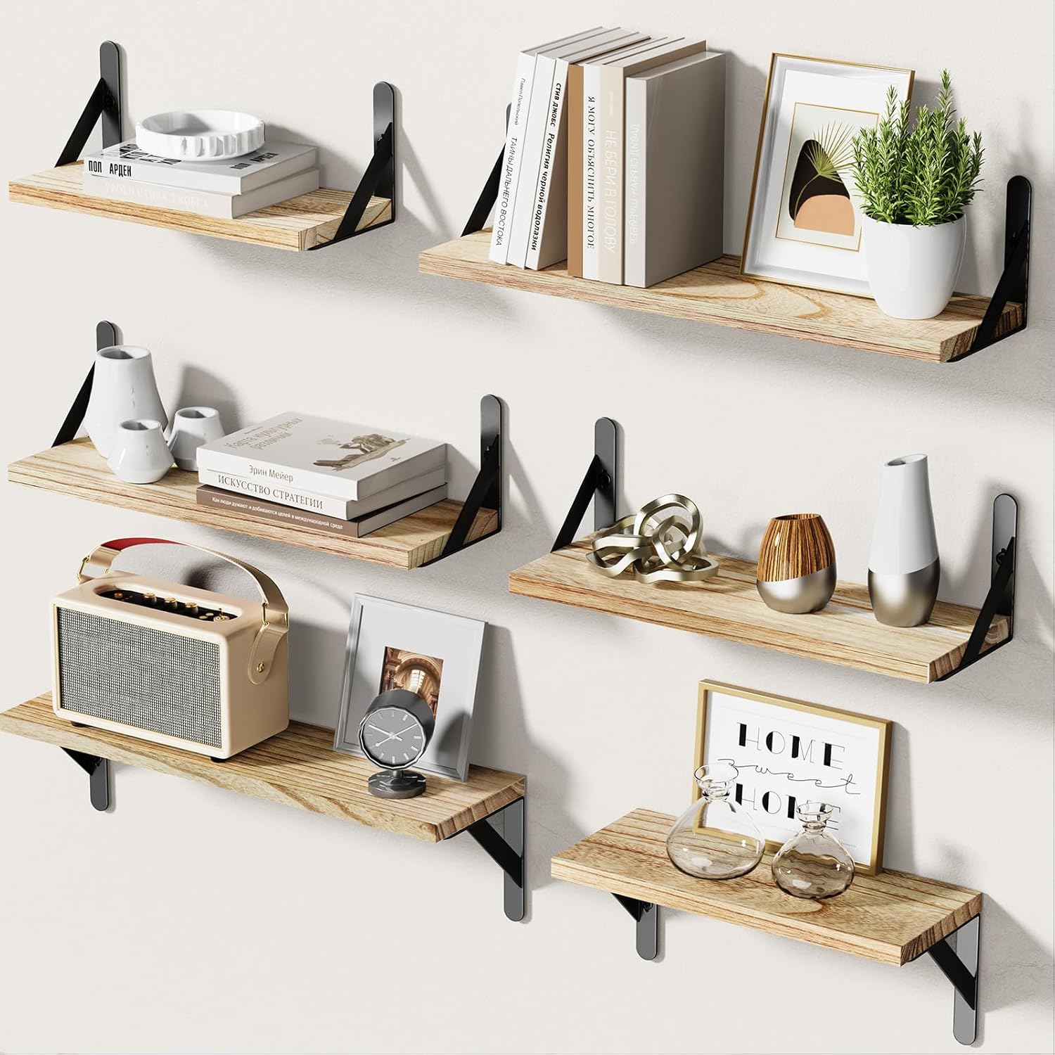 AMADA Wall Shelves Set of 6 Rustic Farmhouse Style