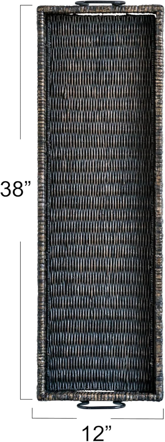 Creative Co Op Black Rattan Wood Tray with Handles