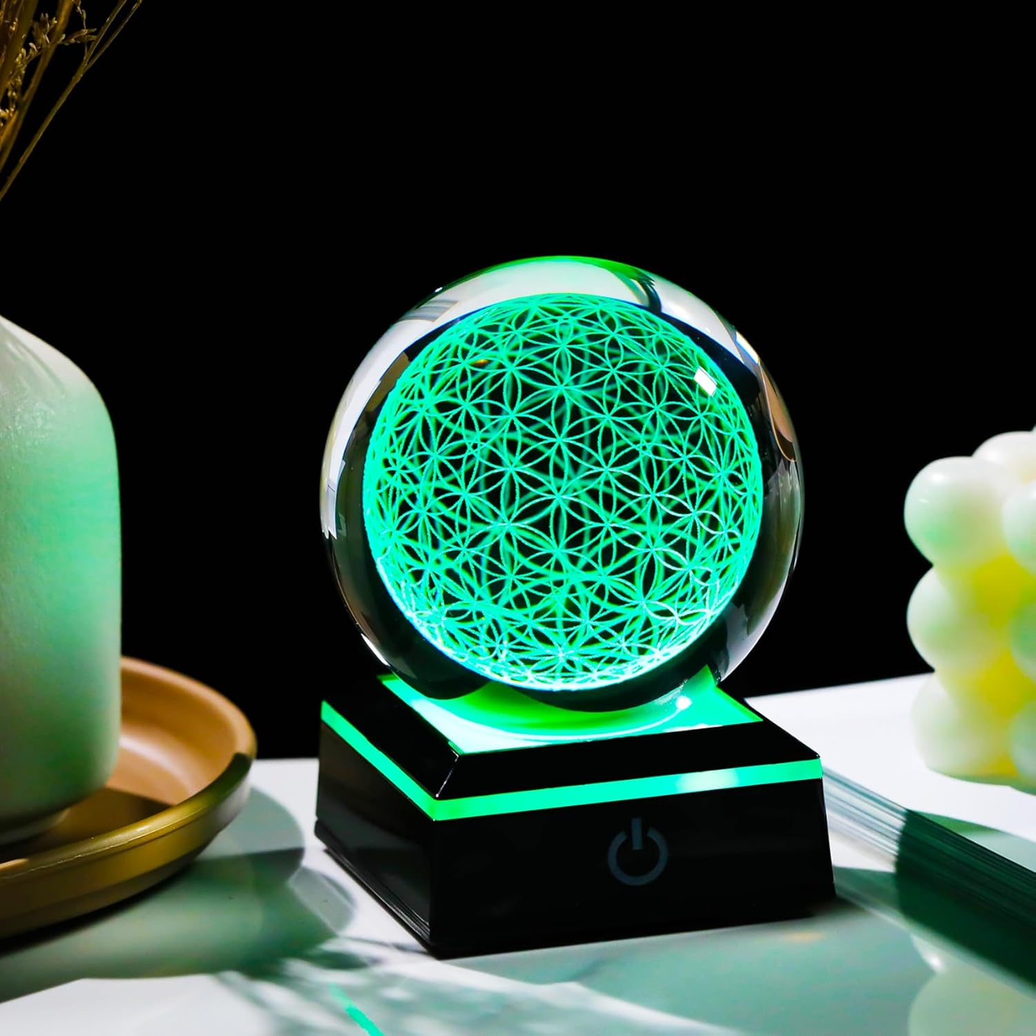 3D Flower of Life Crystal Ball with LED Base