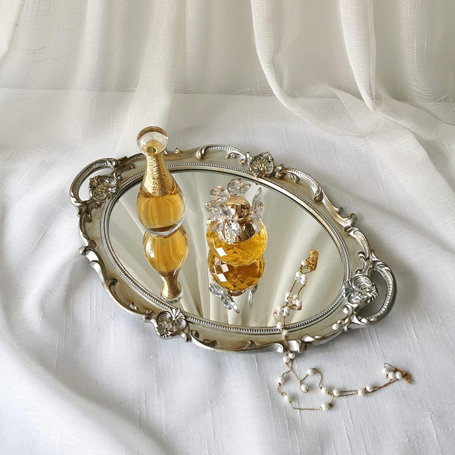 Oval Decorative Mirror Tray French Style Golden Silver